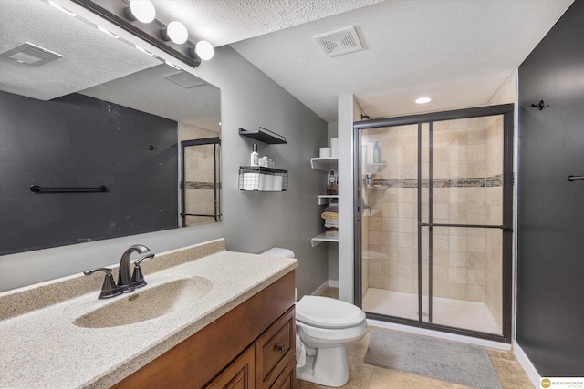 bathroom featuring visible vents, a textured ceiling, toilet, and a shower stall