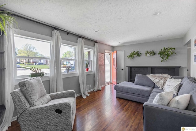 living room with baseboards, dark wood finished floors, and a textured ceiling
