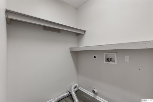 laundry area featuring hookup for an electric dryer, laundry area, wood finished floors, baseboards, and hookup for a washing machine