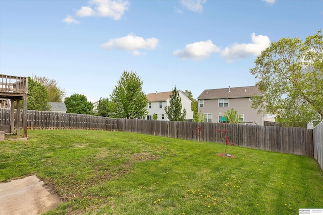 view of yard with a fenced backyard and a residential view