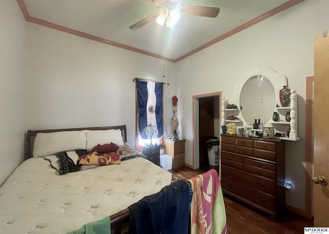 bedroom featuring crown molding, a ceiling fan, and dark wood-style floors