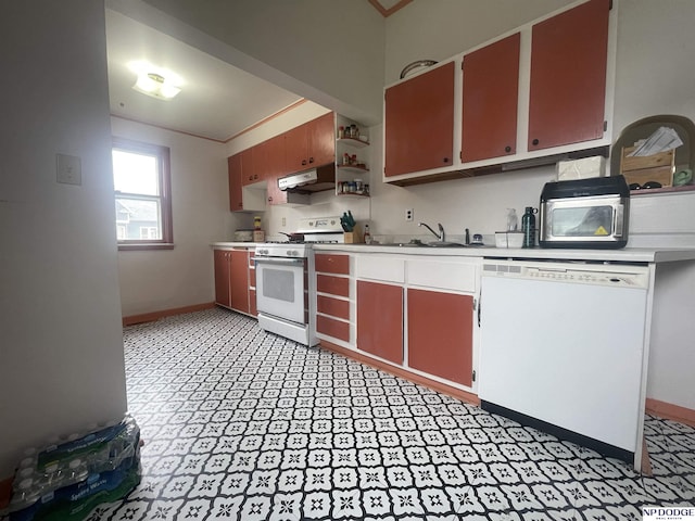 kitchen featuring white appliances, baseboards, light countertops, under cabinet range hood, and a sink
