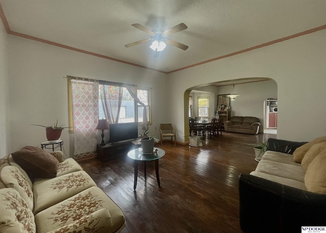 living room featuring crown molding, arched walkways, ceiling fan, and wood finished floors
