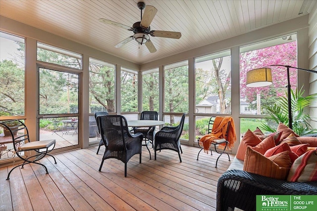 sunroom / solarium featuring a ceiling fan and outdoor dining area