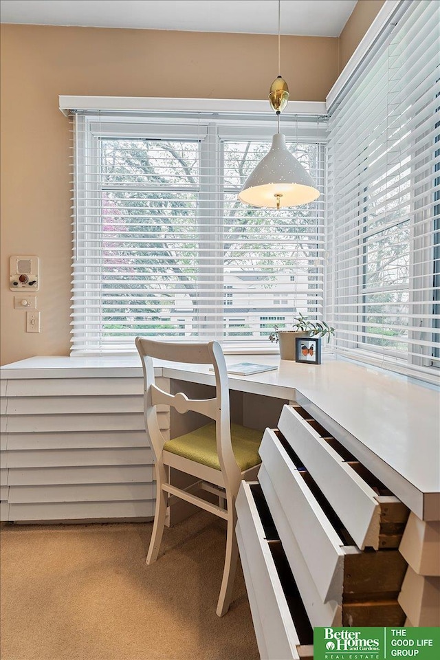 dining space with plenty of natural light and carpet floors