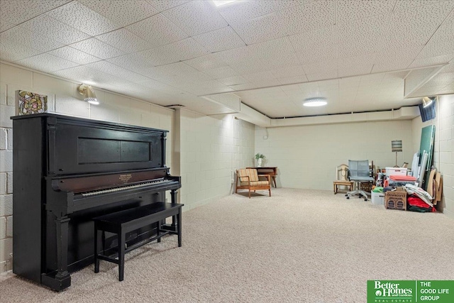 living area with carpet floors and concrete block wall