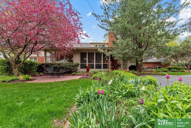 back of house featuring a yard and a sunroom