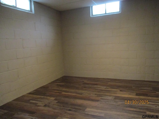 basement featuring dark wood finished floors and concrete block wall