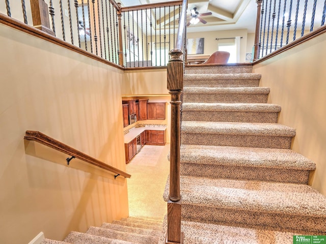 staircase with a ceiling fan