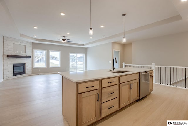 kitchen with light brown cabinetry, a sink, a raised ceiling, light wood-style floors, and stainless steel dishwasher