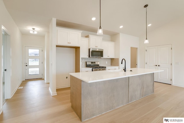 16014 Daniel St, Bennington, NE 68007 - kitchen featuring a sink, light wood finished floors, appliances with stainless steel finishes, and decorative backsplash