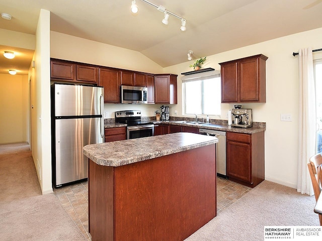 kitchen with appliances with stainless steel finishes, light carpet, rail lighting, and lofted ceiling