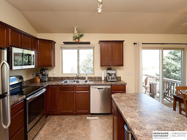 kitchen with plenty of natural light, a sink, lofted ceiling, and stainless steel appliances