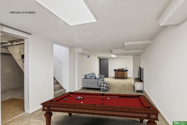 game room with carpet and pool table