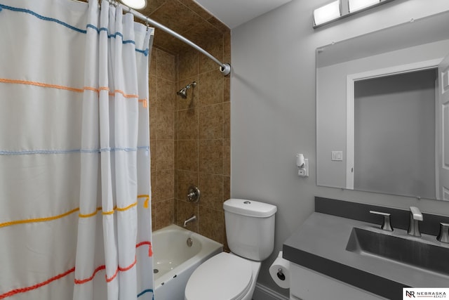 full bathroom with toilet, shower / bath combo, and vanity