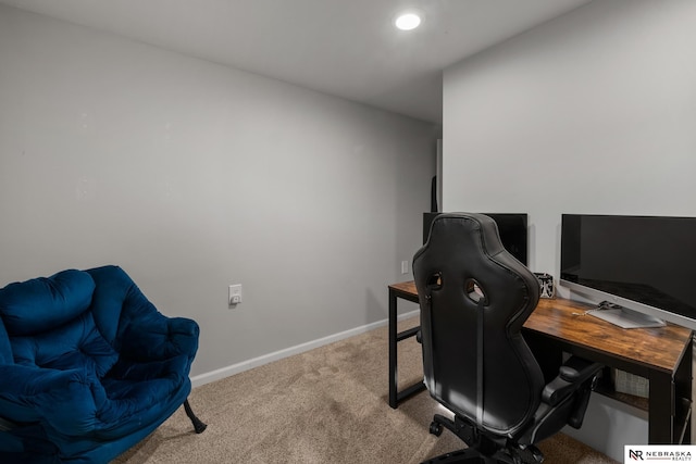 office space featuring baseboards, carpet flooring, and recessed lighting