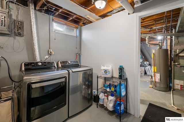 washroom with water heater, separate washer and dryer, laundry area, and electric panel