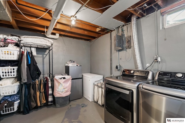 laundry room with washer and dryer, laundry area, and electric panel