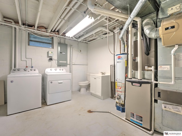 unfinished basement with water heater, heating unit, electric panel, and washing machine and clothes dryer