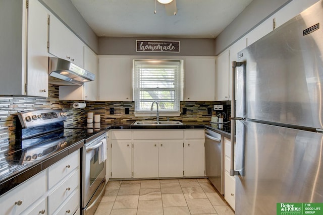 kitchen featuring backsplash, a sink, white cabinets, under cabinet range hood, and stainless steel appliances