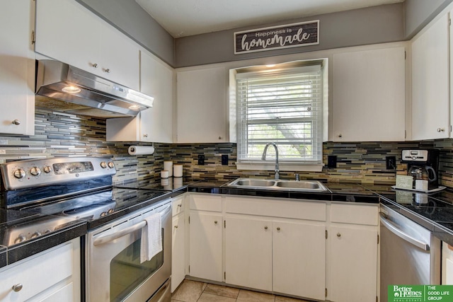 kitchen featuring white cabinets, appliances with stainless steel finishes, a sink, backsplash, and under cabinet range hood