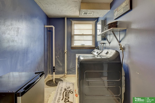 laundry area with separate washer and dryer, laundry area, visible vents, and a textured ceiling