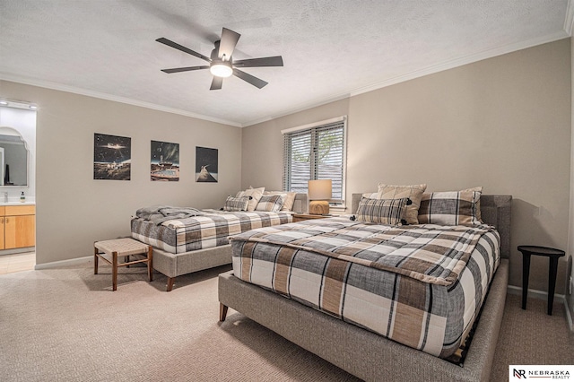 bedroom with baseboards, crown molding, and light carpet