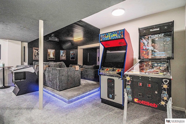 rec room with carpet floors and baseboards