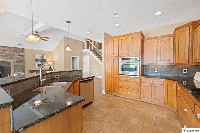 S-1007 Shady Ln, Fremont, NE 68025 - kitchen with stainless steel appliances, a sink, backsplash, ceiling fan, and vaulted ceiling