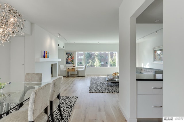 hallway featuring rail lighting, baseboards, and light wood finished floors