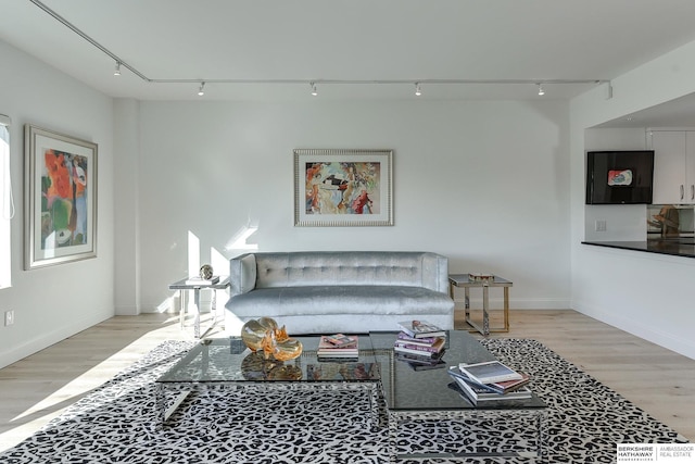 living area with track lighting, light wood-style floors, and baseboards