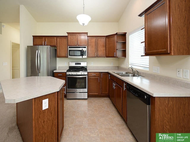 kitchen with light countertops, a sink, open shelves, and stainless steel appliances