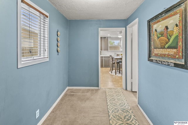 hall with baseboards, a textured ceiling, and carpet floors