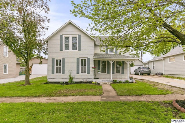 view of front of house featuring roof with shingles, driveway, and a front yard