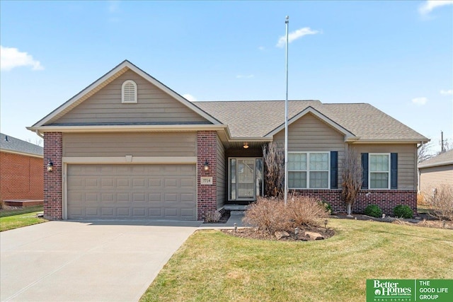 7714 S 167th St, Omaha, NE 68136 - ranch-style house featuring concrete driveway, brick siding, an attached garage, and a front lawn