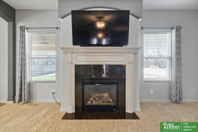 7714 S 167th St, Omaha, NE 68136 - details with a fireplace with flush hearth, baseboards, and carpet