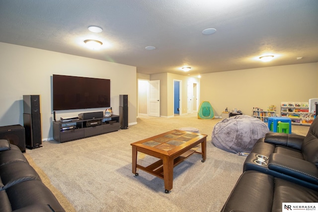 carpeted living room featuring baseboards