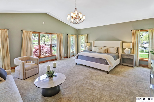 carpeted bedroom with a chandelier, multiple windows, and vaulted ceiling