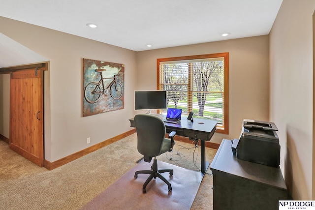 office area featuring baseboards, light carpet, and recessed lighting