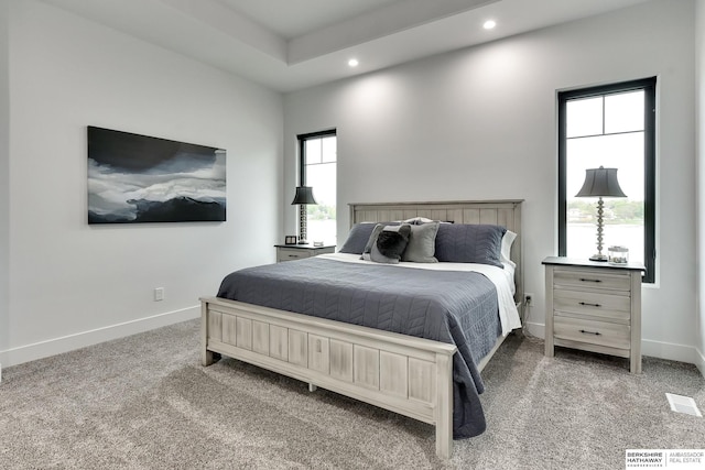 bedroom with carpet flooring, recessed lighting, and baseboards
