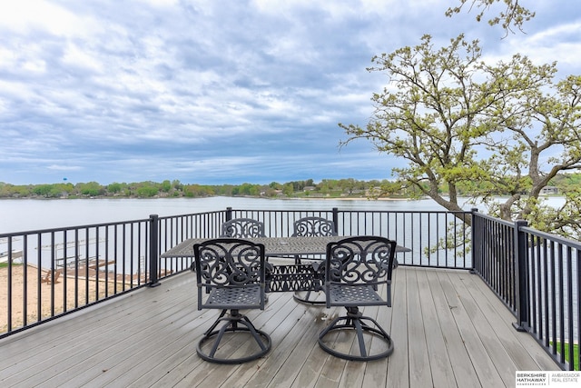 wooden terrace featuring a water view