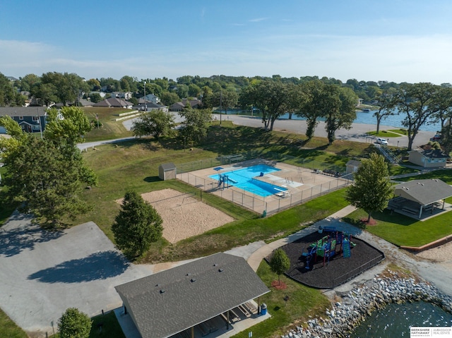 drone / aerial view featuring a water view