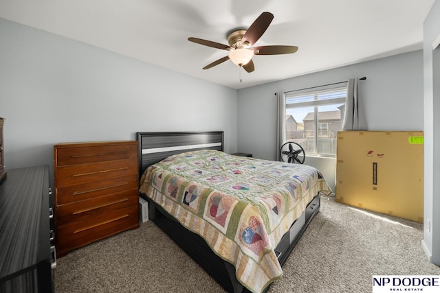 carpeted bedroom featuring ceiling fan