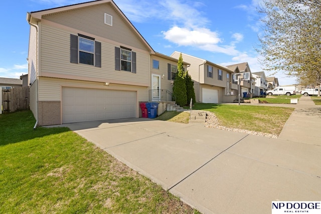 view of front of house featuring a front yard, brick siding, an attached garage, driveway, and a residential view
