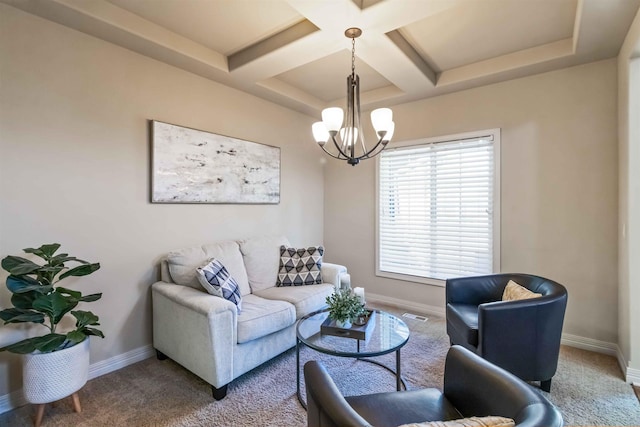 living room with baseboards, carpet, coffered ceiling, and a chandelier