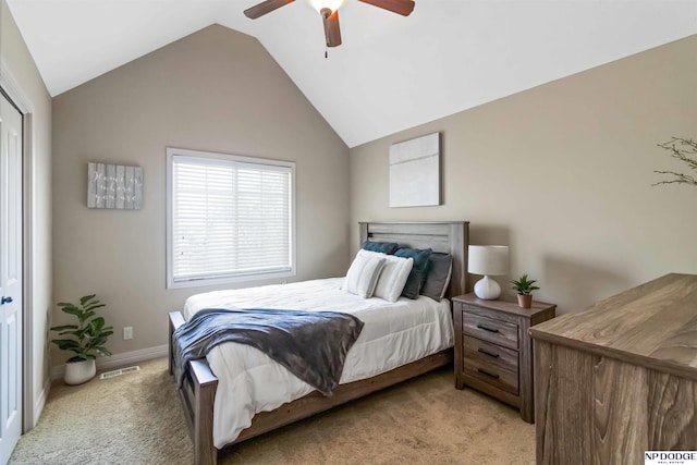 bedroom featuring visible vents, baseboards, light colored carpet, a ceiling fan, and vaulted ceiling