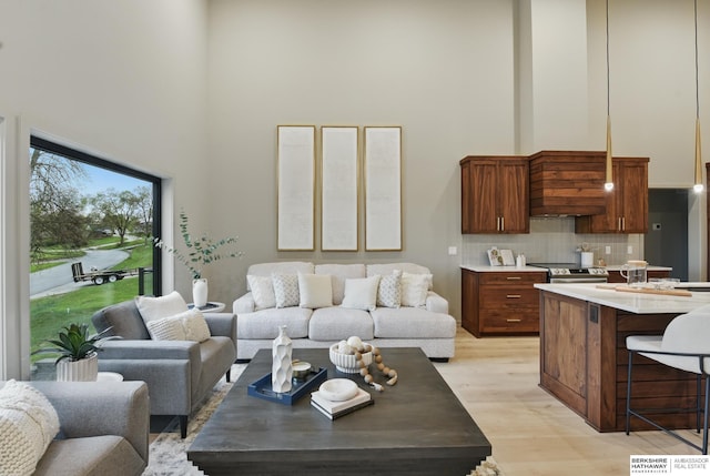 living room with light wood-type flooring and a towering ceiling