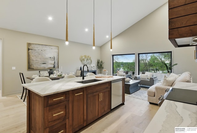 kitchen with stainless steel dishwasher, a sink, light wood-style flooring, and high vaulted ceiling