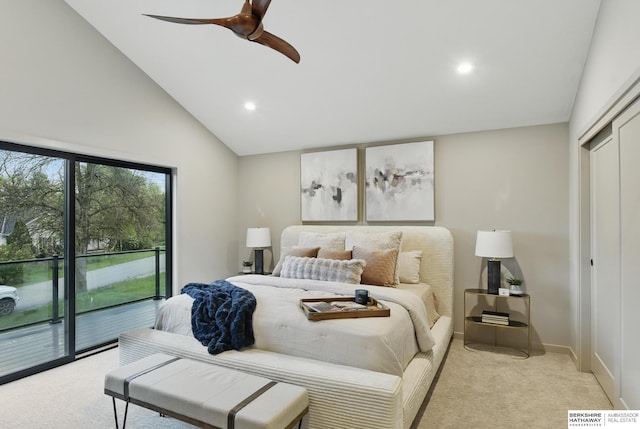 bedroom with light carpet, access to exterior, recessed lighting, a ceiling fan, and a closet