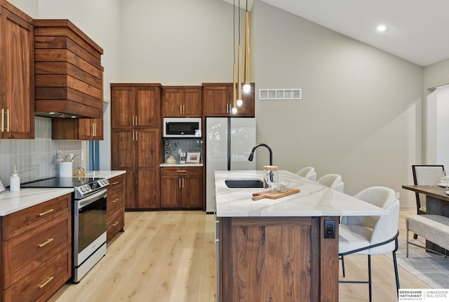 kitchen with visible vents, stainless steel electric range oven, a sink, white microwave, and light wood finished floors